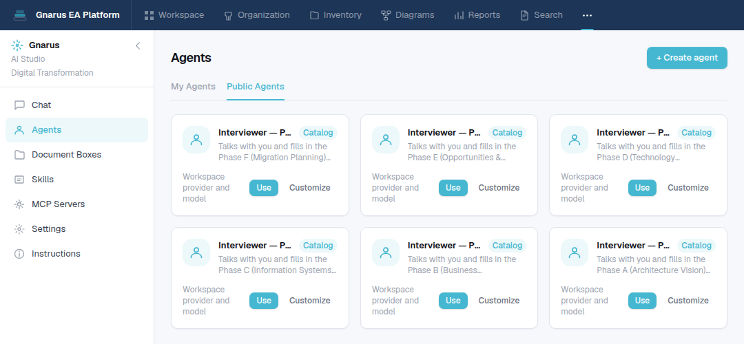 Gnarus agent catalog with the Phase A to F Interviewers, each with Use and Customize buttons