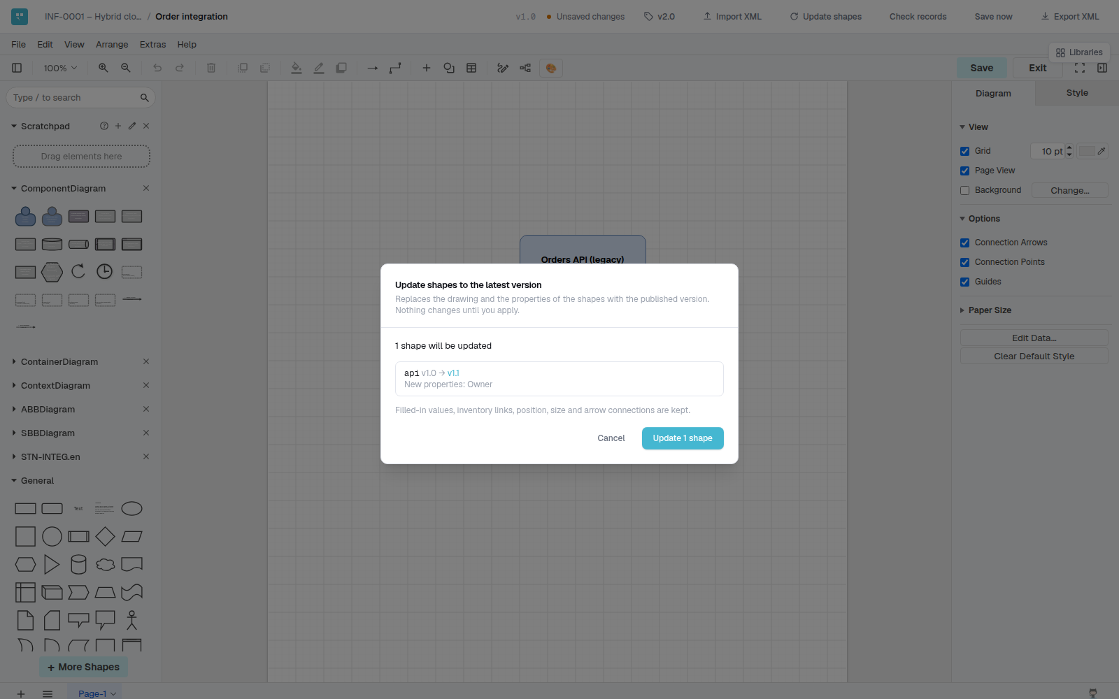 Gnarus diagram editor with the Update shapes dialog for the latest library version