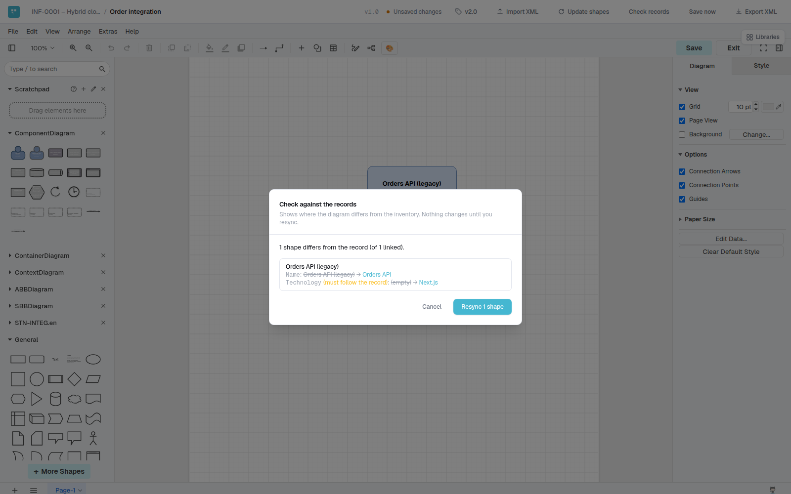Gnarus diagram editor with the Check records dialog, showing a shape that differs from the inventory and the Resync button