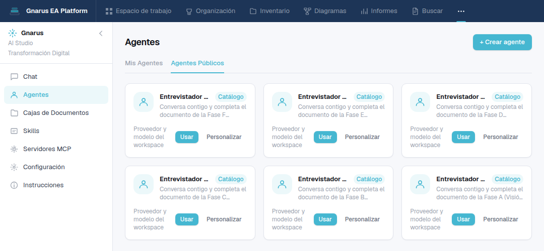 Catálogo de agentes de Gnarus con los Entrevistadores de las Fases A a F, cada uno con los botones Usar y Personalizar