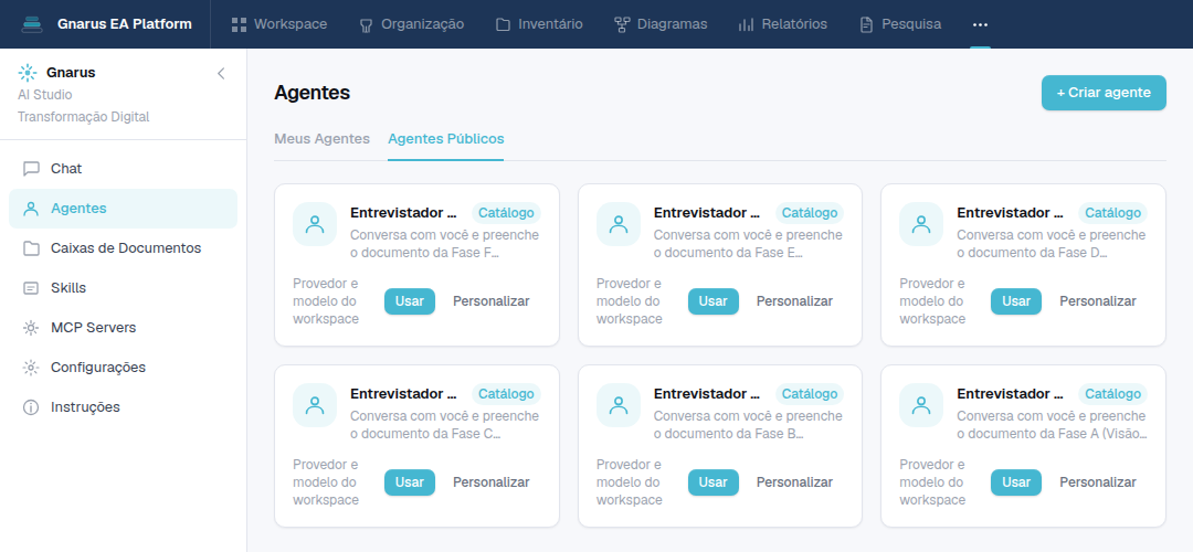 Catálogo de agentes do Gnarus com os Entrevistadores das Fases A a F, cada um com os botões Usar e Personalizar