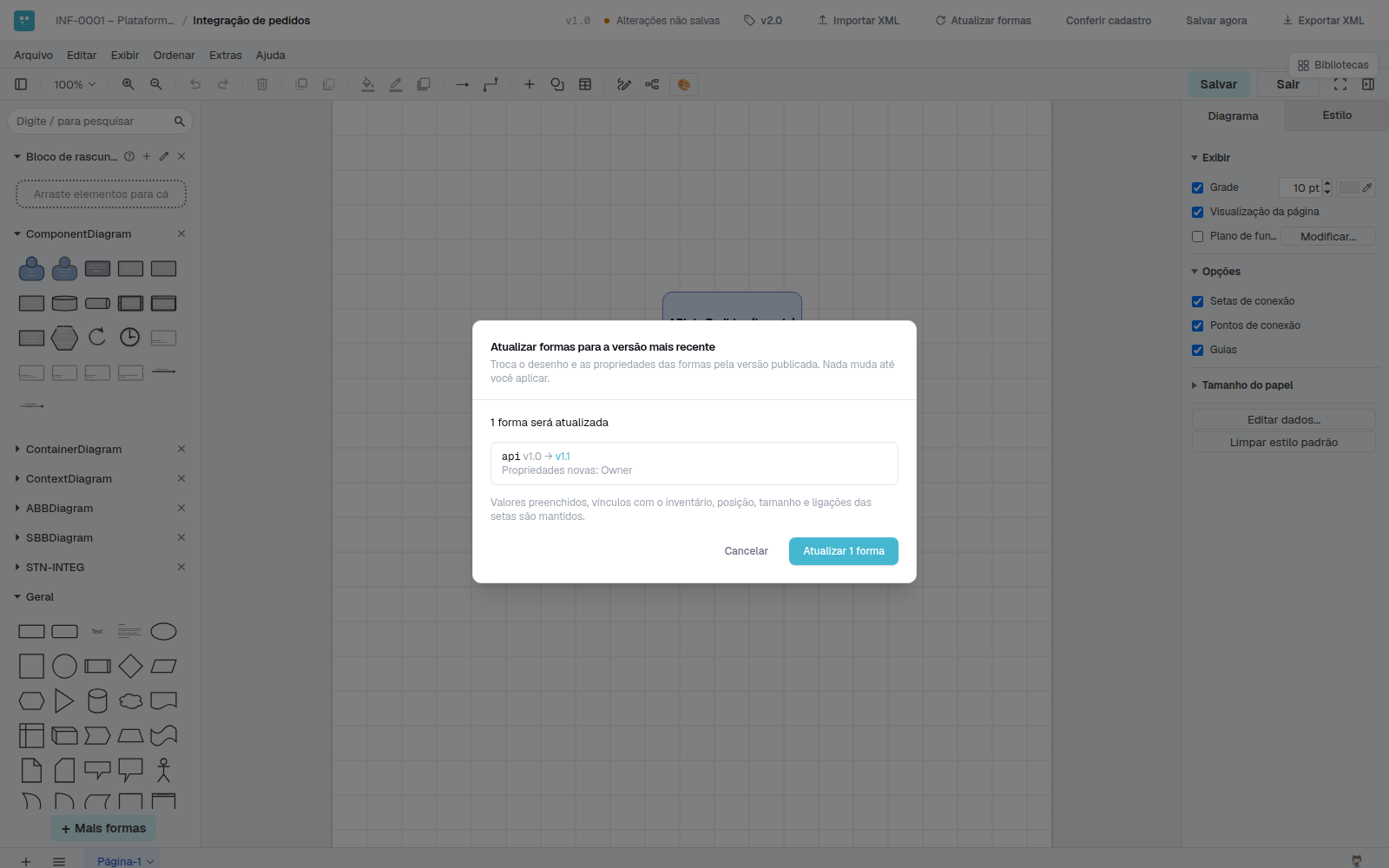 Editor de diagramas do Gnarus com a janela Atualizar formas para a versão mais recente da biblioteca