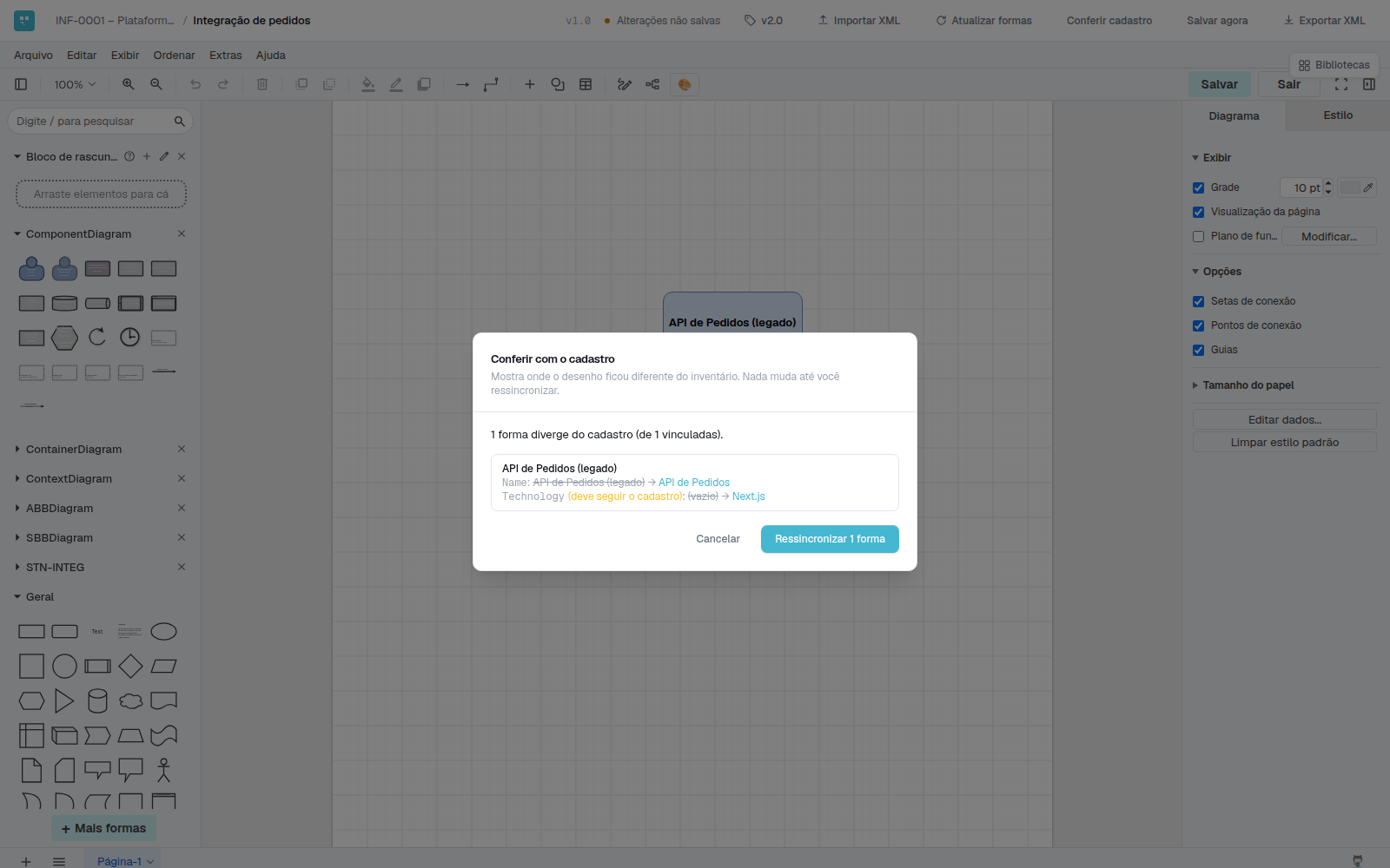 Editor de diagramas do Gnarus com a janela Conferir com o cadastro, mostrando uma forma que diverge do inventário e o botão Ressincronizar
